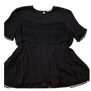 LUMIE Boho Babydoll Embroidered Black Swing Pom Top